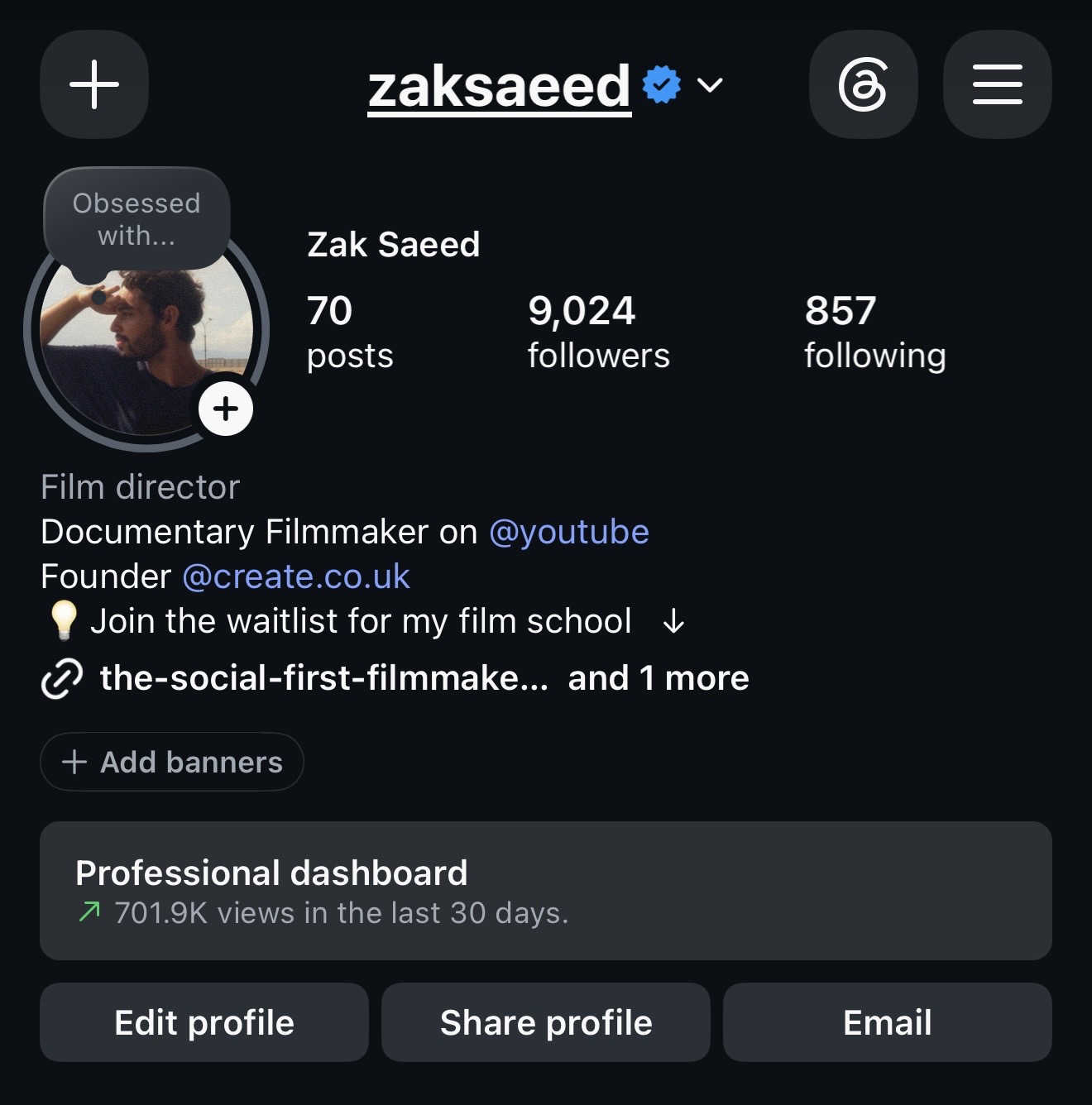 Instagram profile analytics showing 9,024 followers and 701.9K views